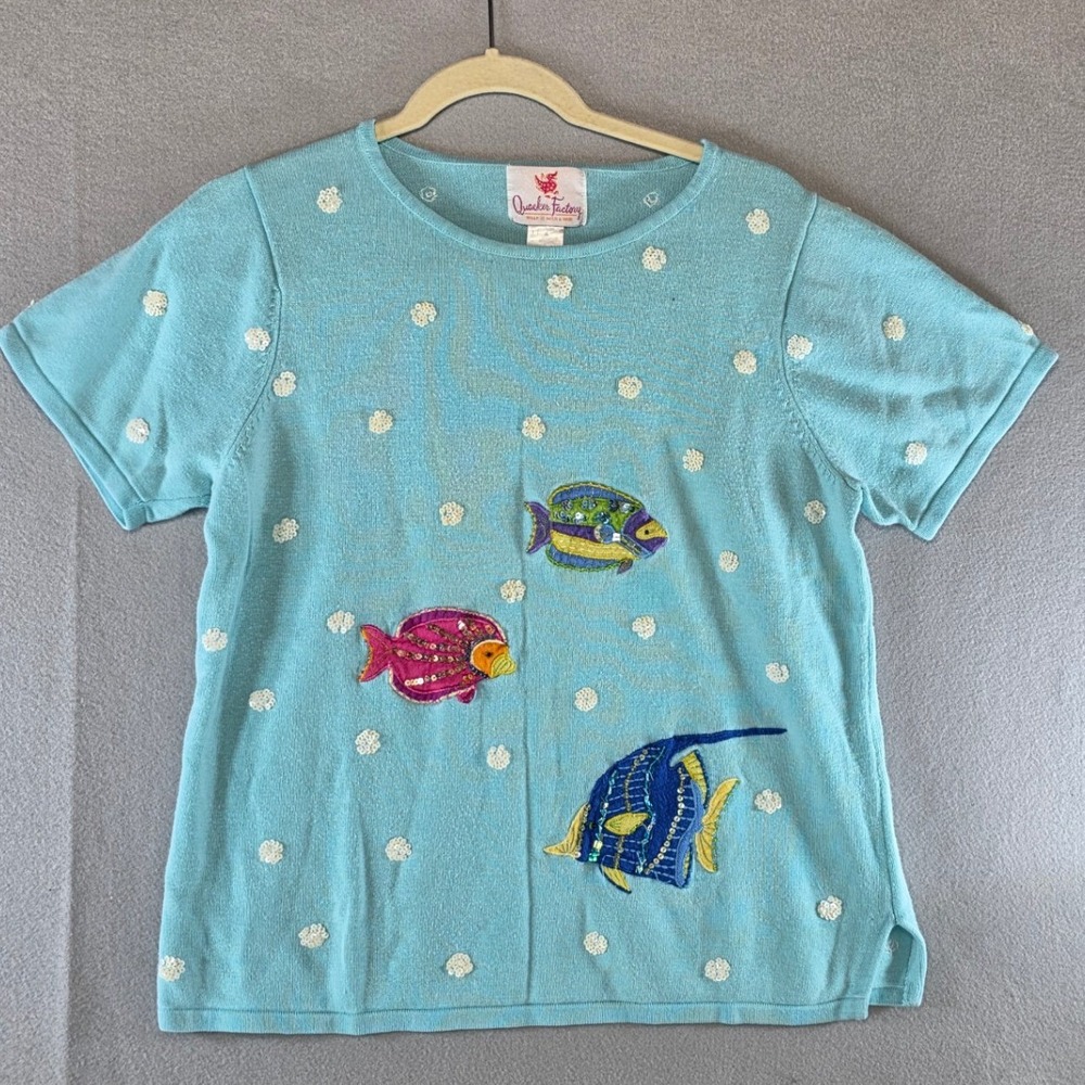 Quacker Factory Coastal Grandmother Fish Sequin Knit Top Small Ramie Rayon Blue
